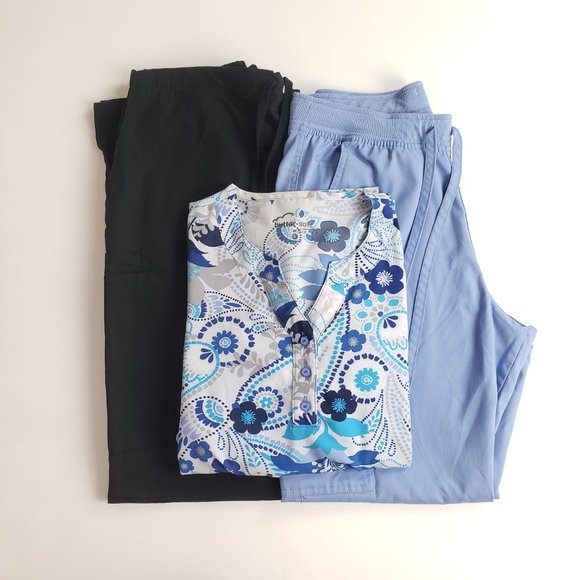 UA Butter-soft Stretch Floral Scrub Top + 2 Scrub Pants Bundle Ceil Blue Black S - Picture 2 of 13